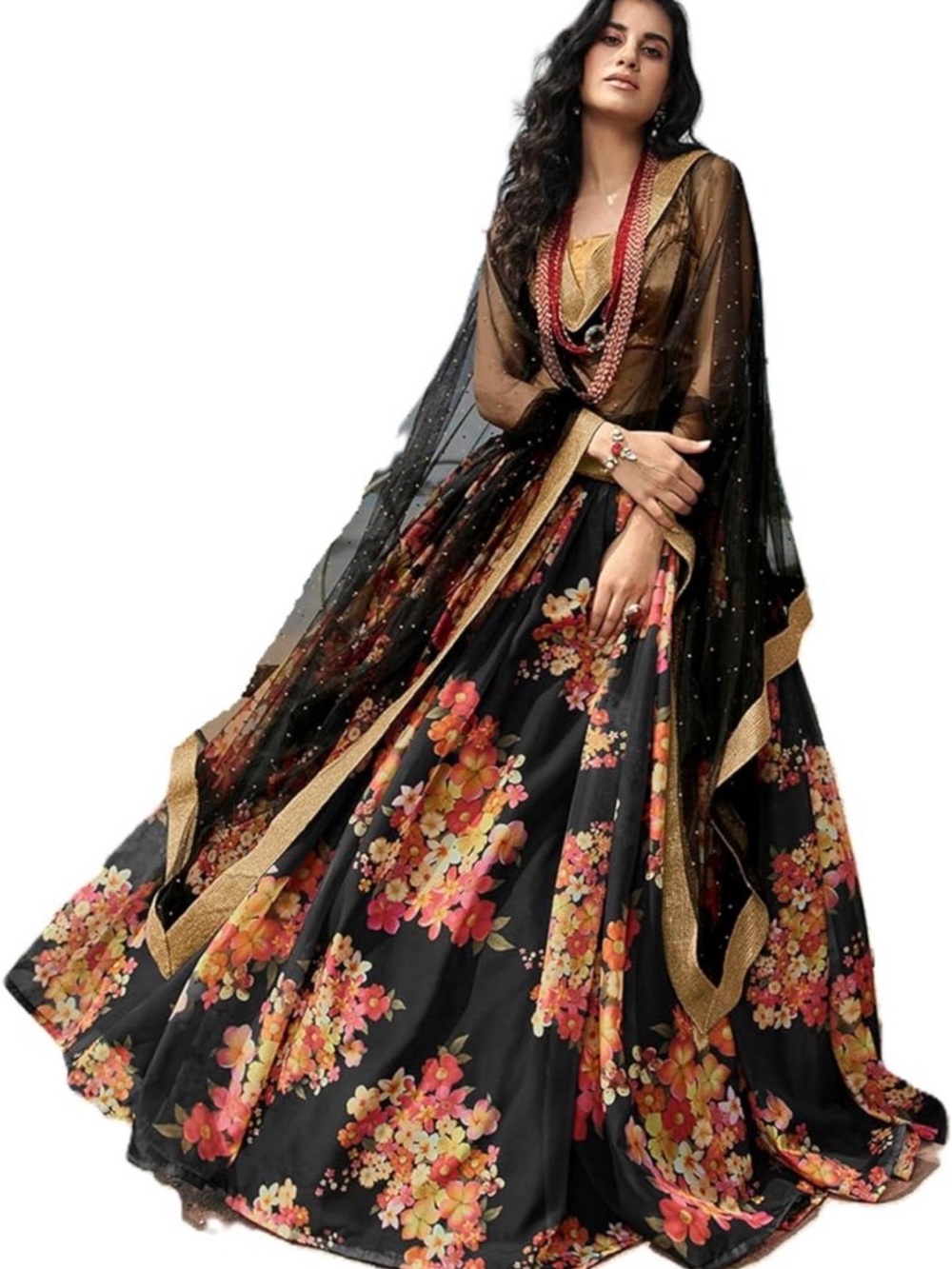 Elegant Black Floral Lehenga with Gold Trim